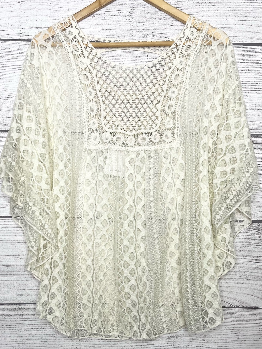 NWT Blu Planet Sheer Cream Lace Boho Blouse Top Size 2X